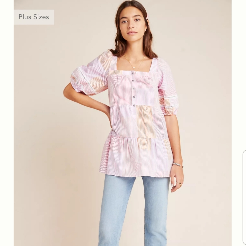 Anthropologie Gable Tiered Square Neck Puff Sleeve Pink Tunic Top Size S… - Picture 1 of 10